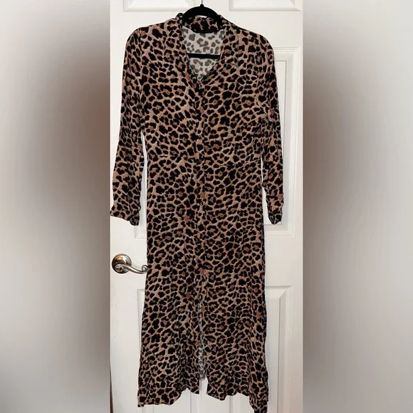 Zara | Dresses | Zara Brown Black Animal Print Button Down Long Sleeve Midi  Dress Large | Poshmark